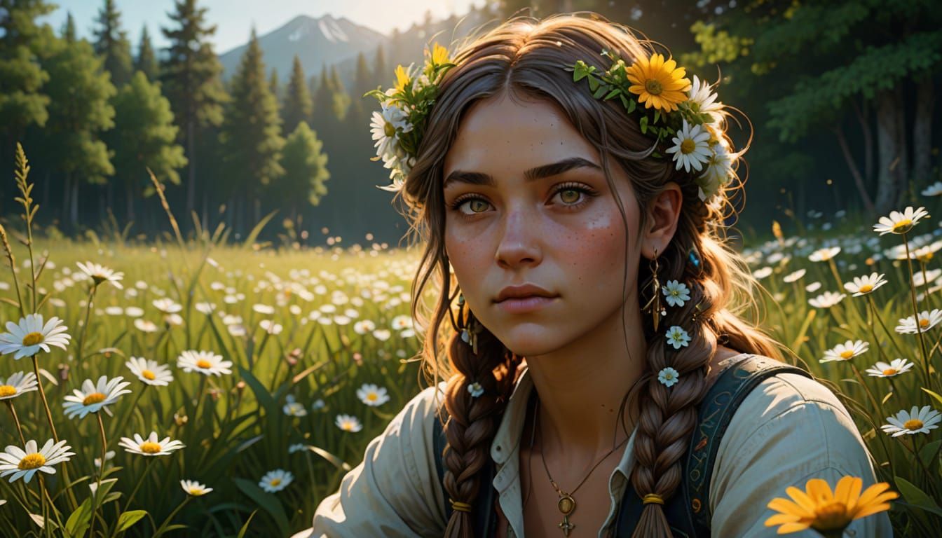 Hippie Girl Portrait in Meadow with Braids, as Digital Art