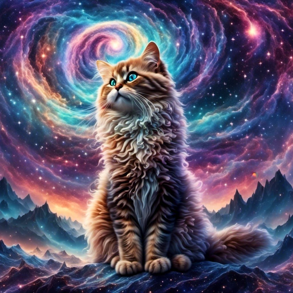 Magical Cat in Cosmic Moonscape with Shimmering Lights