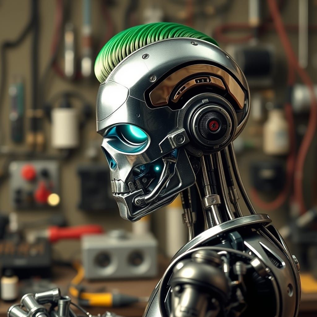 Cyberpunk Art of Bulma Repairing T-800 Terminator in Worksho...