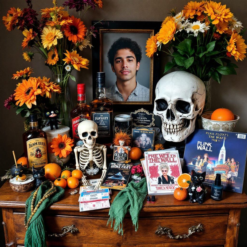 Day of the Dead Ofrenda with Marigolds and Offerings