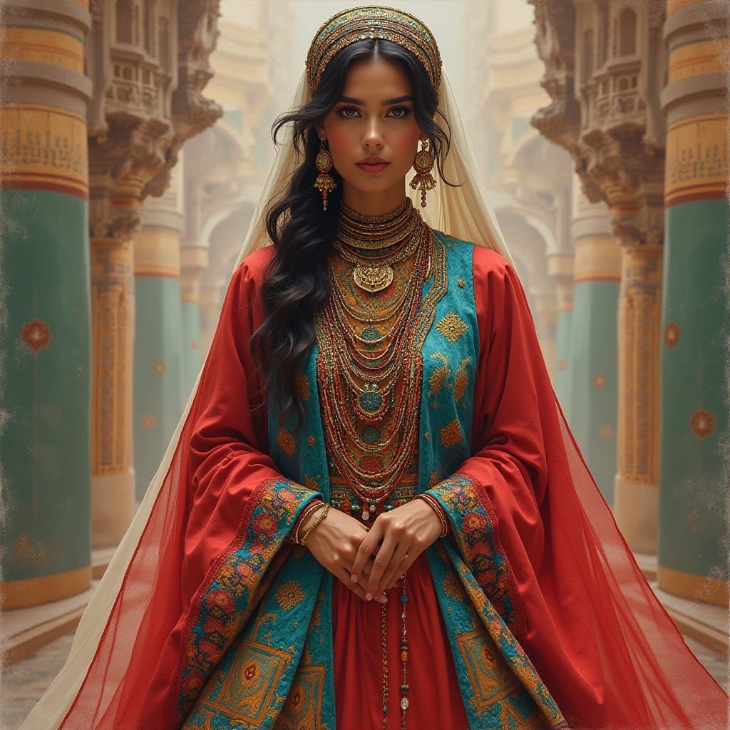 Woman in Traditional Moroccan Attire with Vibrant Patterns a...