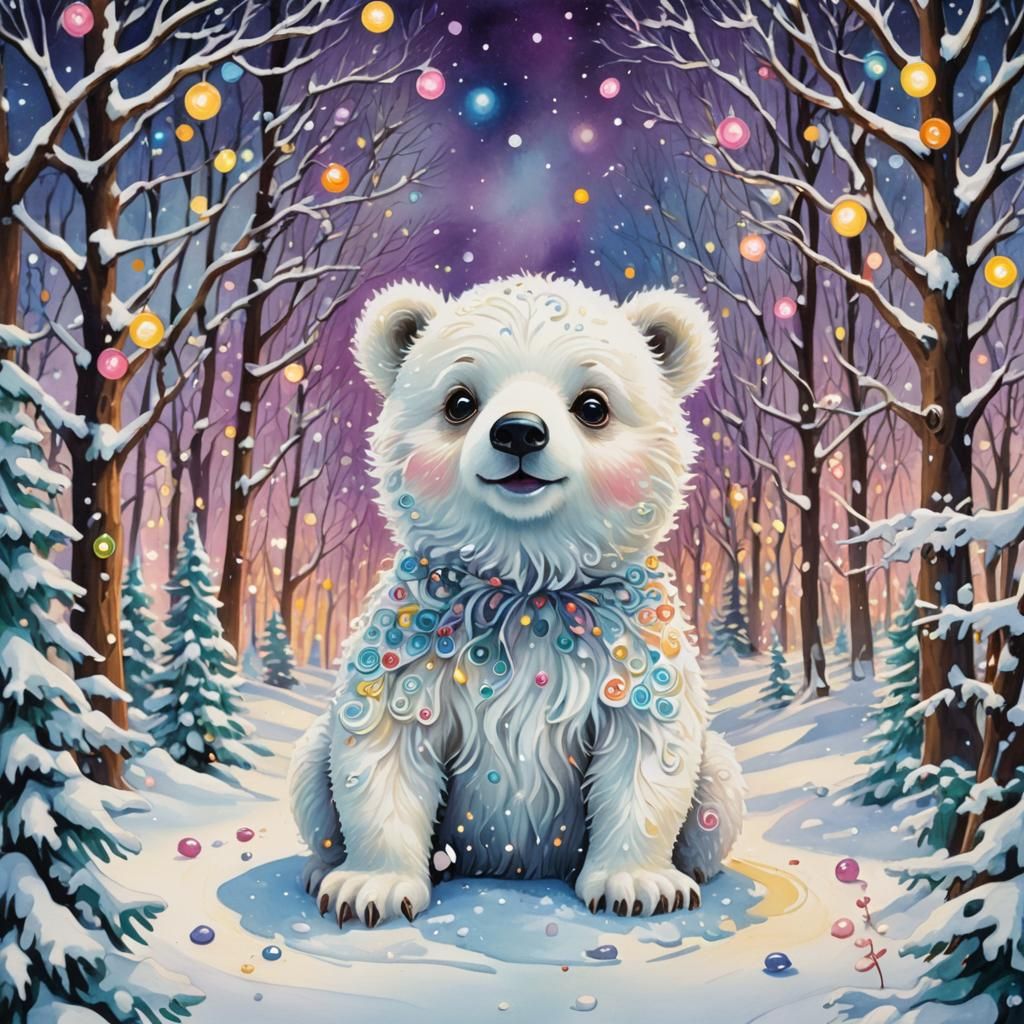 White Baby Bear in Snowy Winter Wonderland