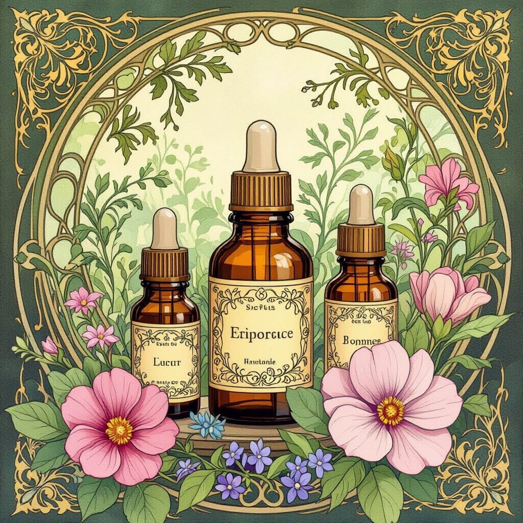 Essential Oils with Lush Greenery in Art Nouveau Style
