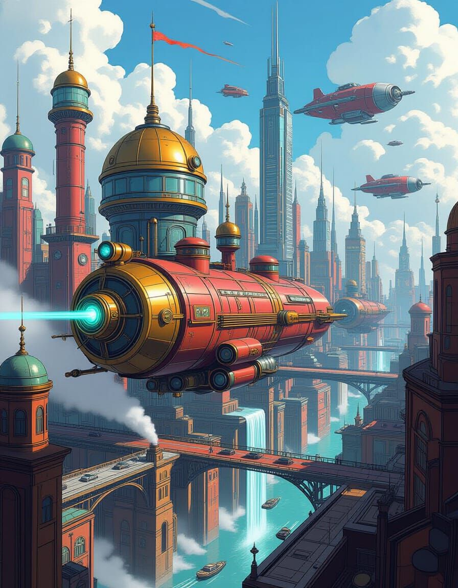 Futuristic Steampunk Cityscape in Vibrant Colors