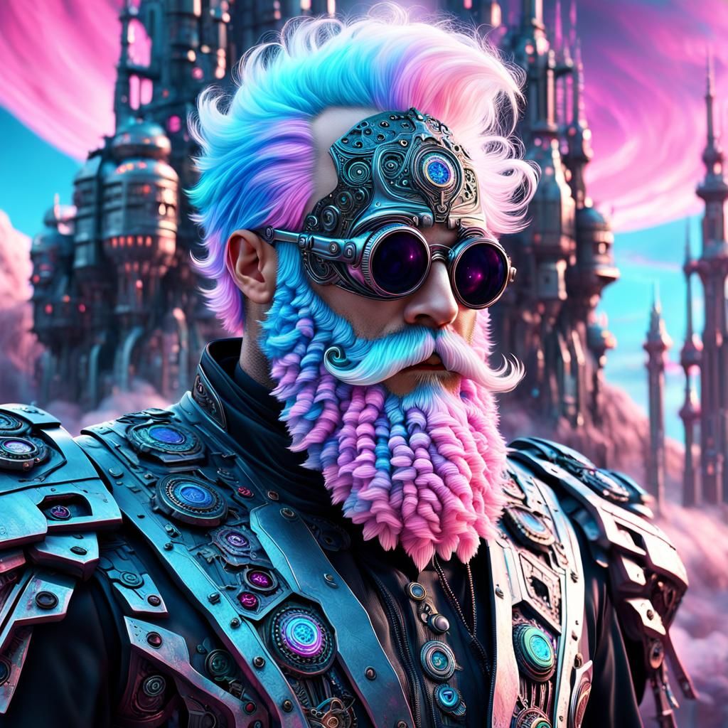 A design of a cotton whimsical beard, detailed swirls of vib...