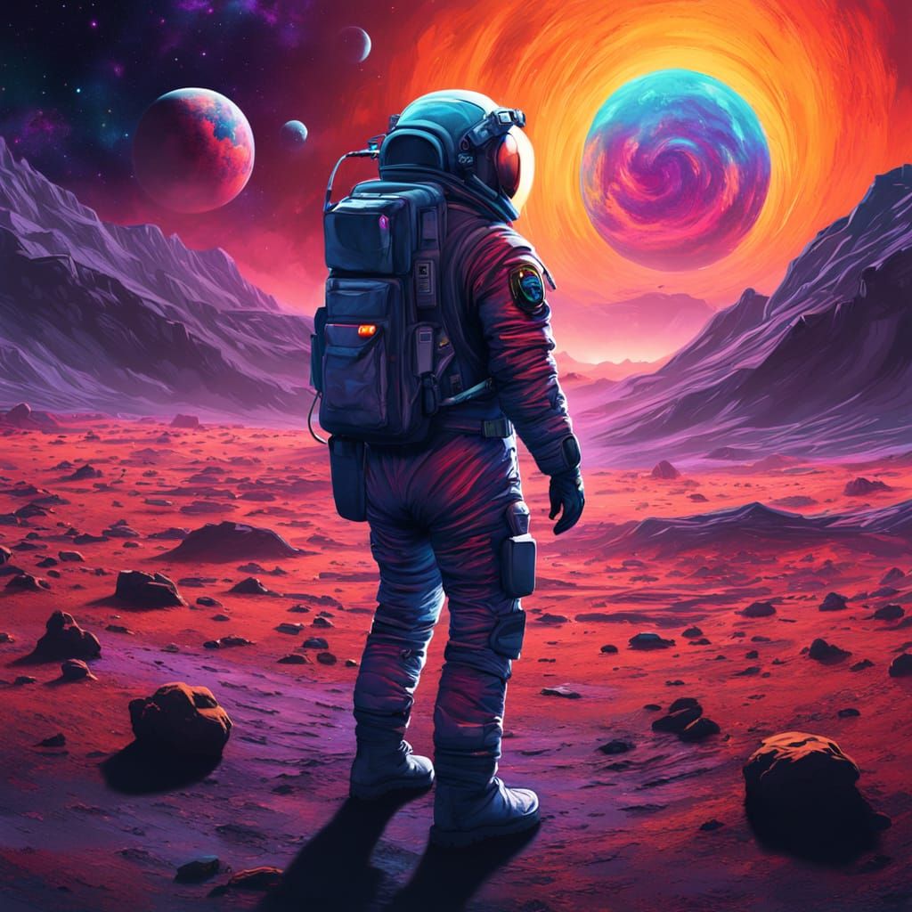 Astronaut on Alien Planet in Vibrant Cosmic Style