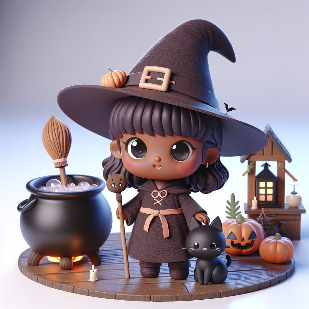 Disney Pixar style 3D adorable dark skinned little witch, wearing an adorable witch hat and robe, standing in front of h...