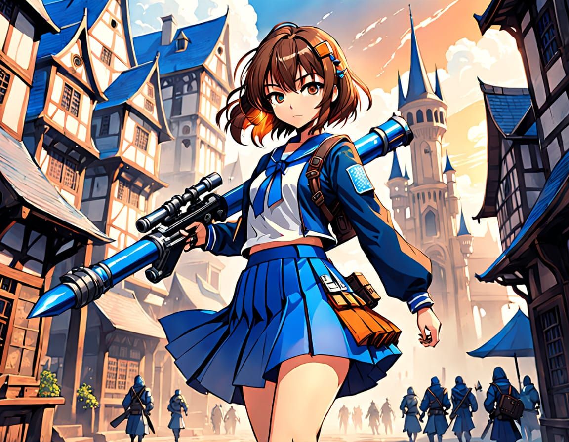 Anime Schoolgirl with Bazooka in Fantasy Town