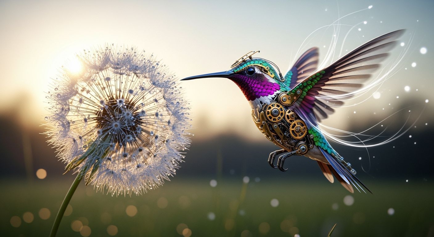 Steampunk Mechanical Hummingbird in Dawn Meadow