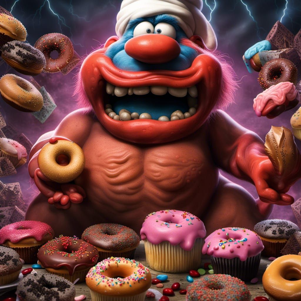 Demonic Papa Smurf Feast in Hyperrealistic Horror