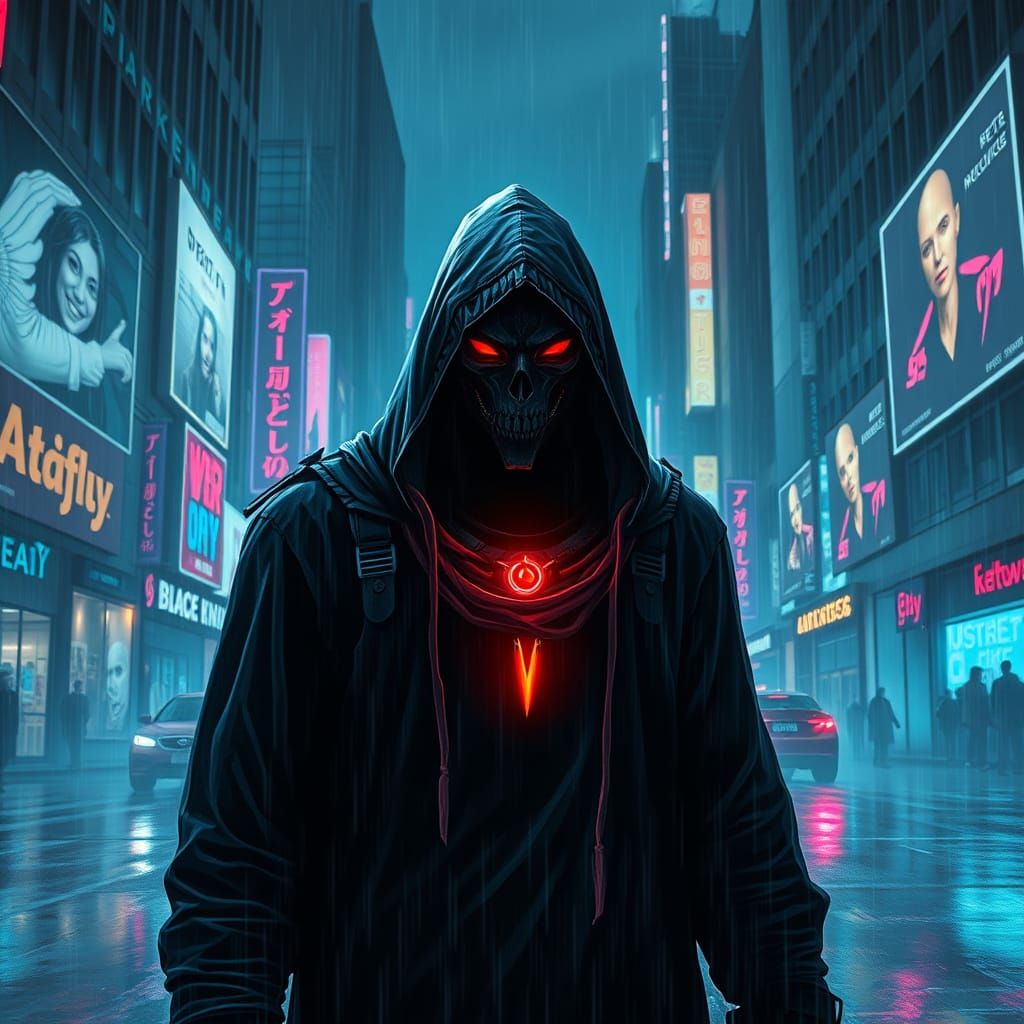 Cyberpunk Angel of Death in a Neon-Lit Metropolis
