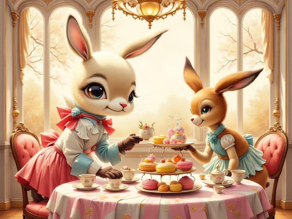 Pastel Cafe Scene with Bunny Waitress and Deer Patron