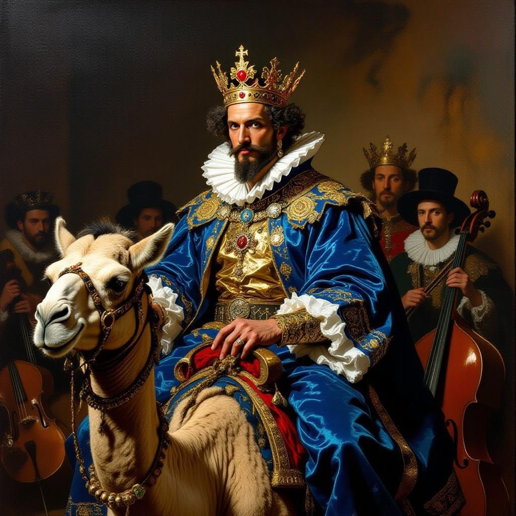Surreal Royal Portrait of Paimon King of Hell on Dromedary