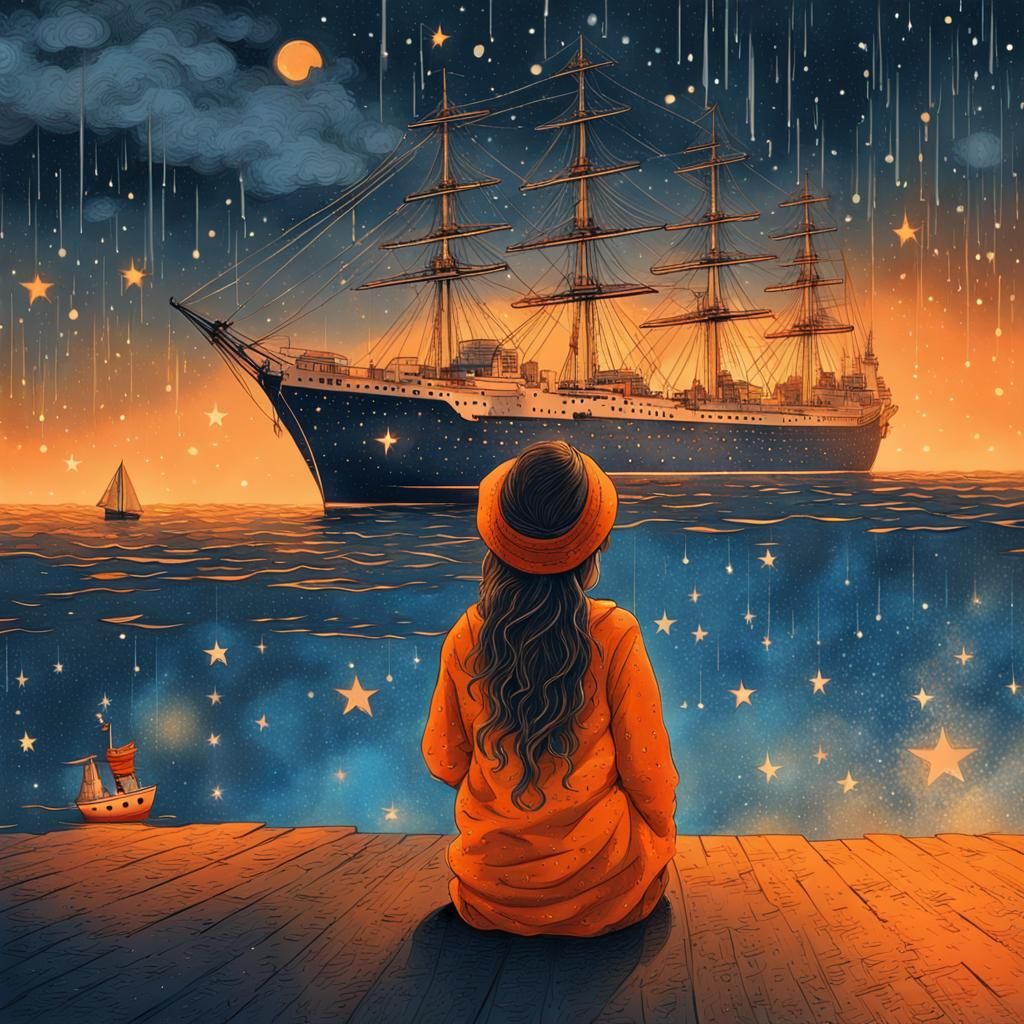 Dreamy Adventure: Woman, Ship, and Glowing Stars