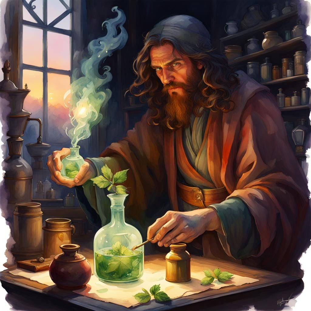 Sorcerer Brews Cannabis Potions at Dawn, Watercolor Art