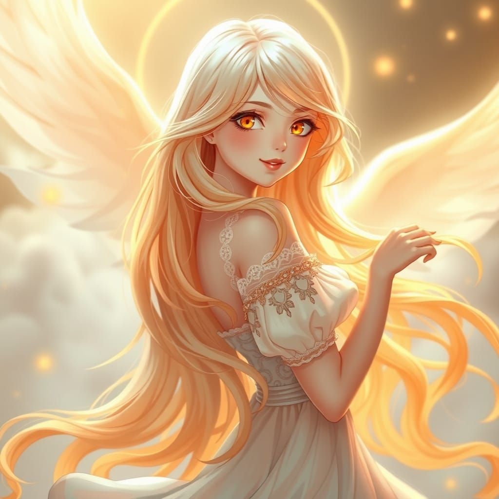 Celestial Maiden with Flowing Hair, in Art Nouveau Style