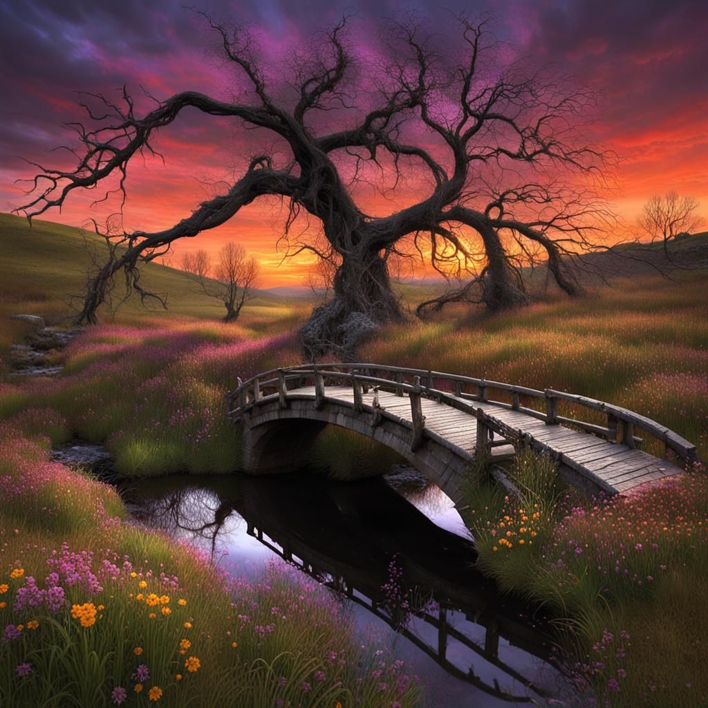 Abandoned Arched Bridge Beneath a Haunting Sunset