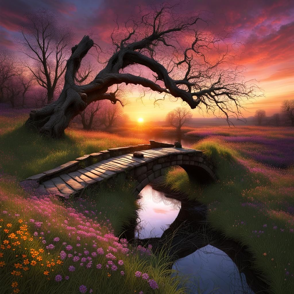 Abandoned Arched Bridge in a Vibrant, Gloomly Sunset Landsca...