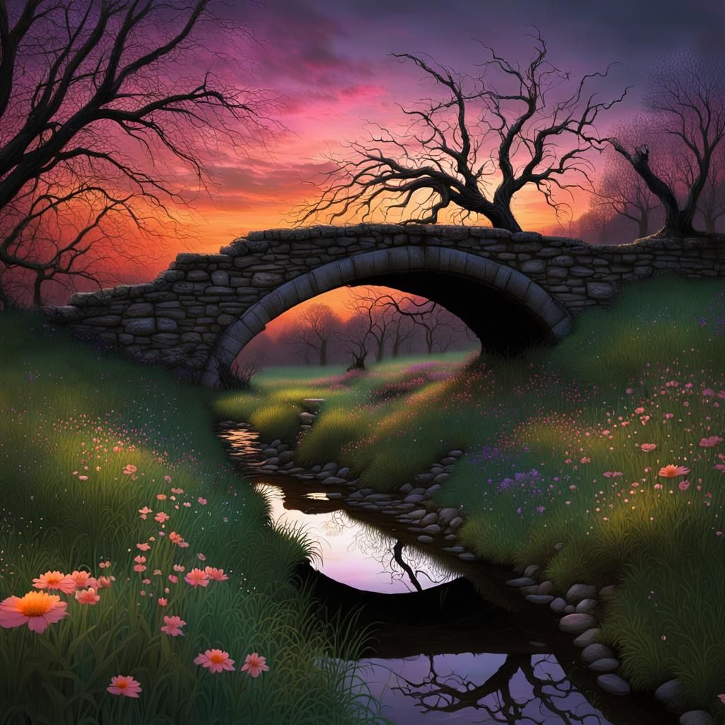 Ethereal Arched Bridge in a Gloomy Sunset Landscape