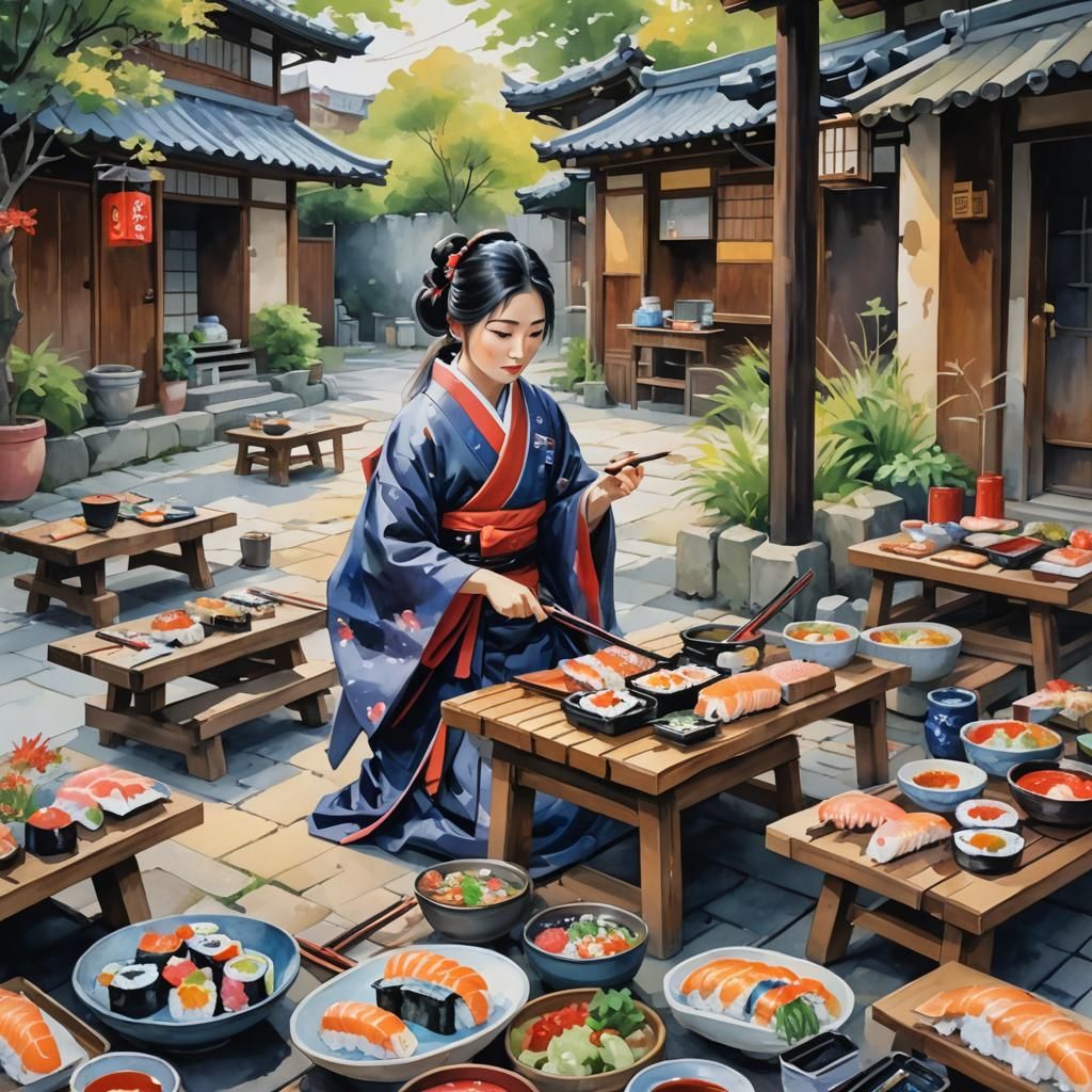 Gourmet Street Sushi Prepared by Samurai in Gouache Style
