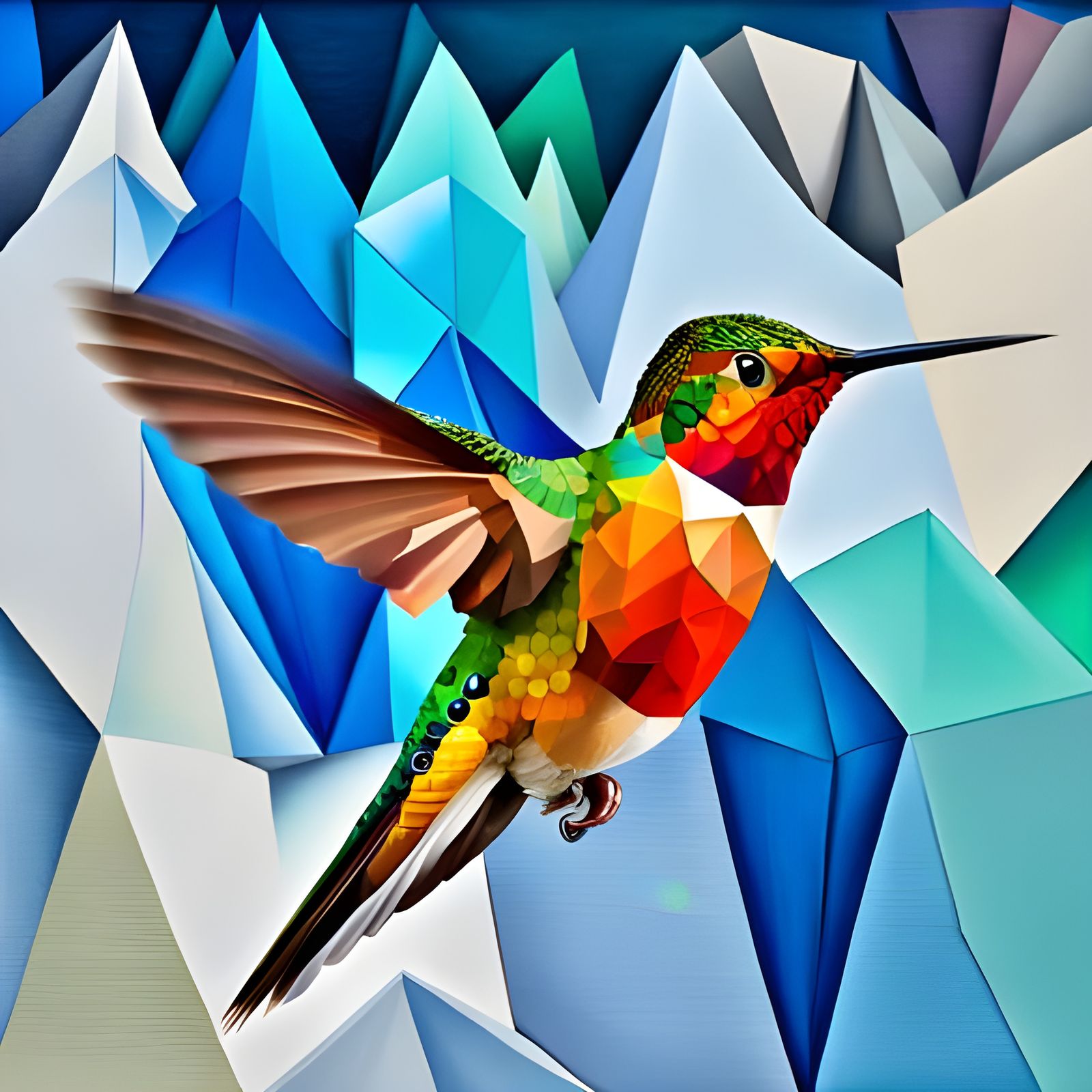 Geometric Hummingbird in Flight: Stylized Realism