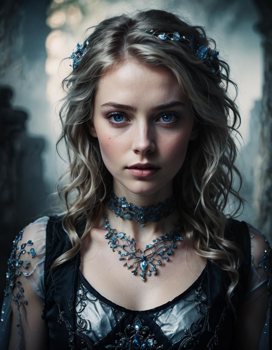 Ethereal Portrait of Blonde Woman with Blue Eyes