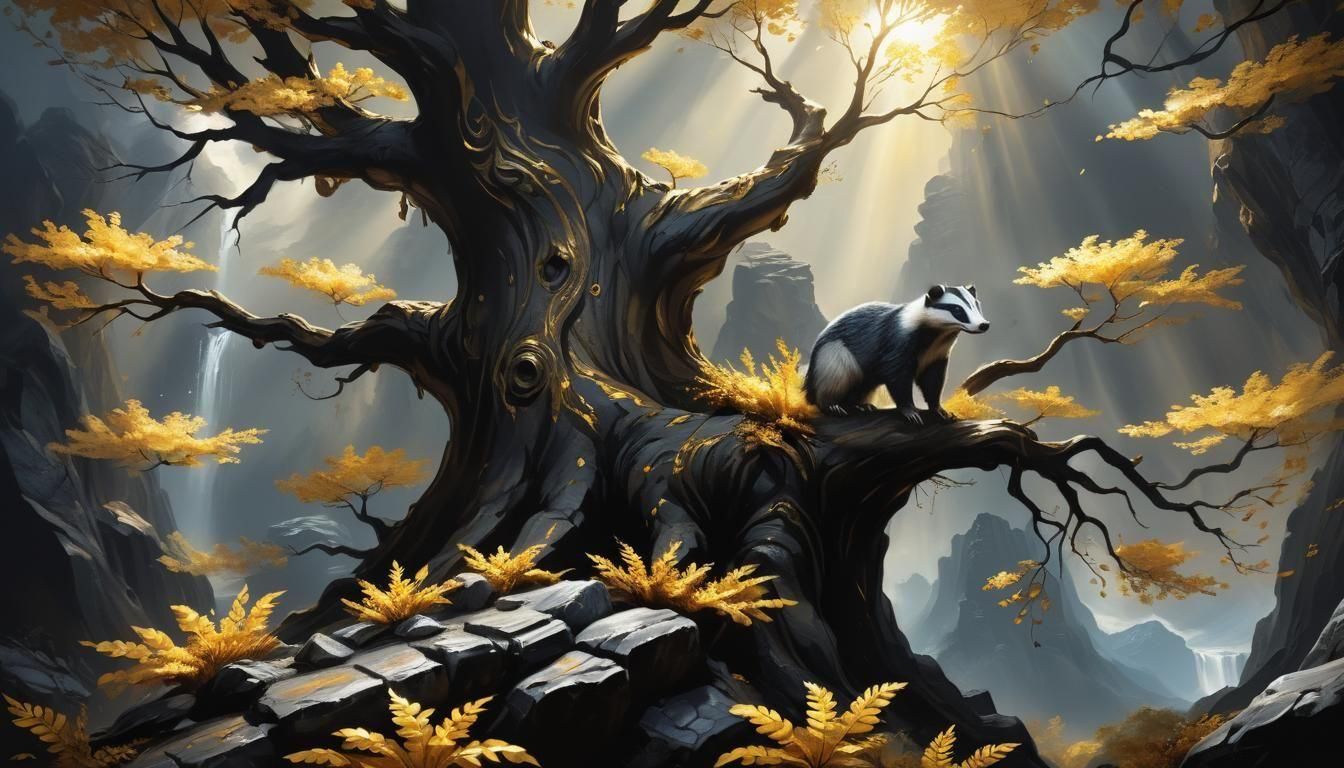 Fantasy Badger at Golden Tree Cave Oil Painting