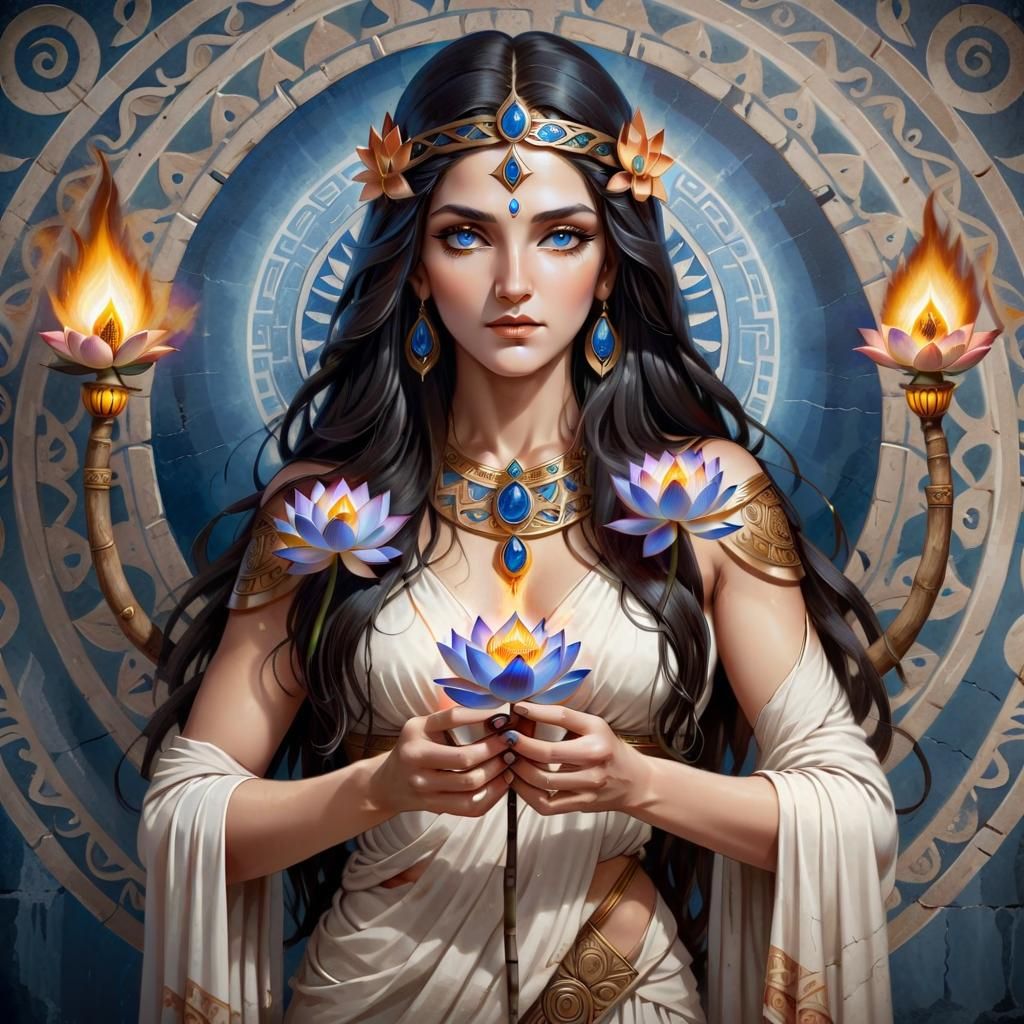 Greek Priestess with Sapphire Lotus: Airbrush Art