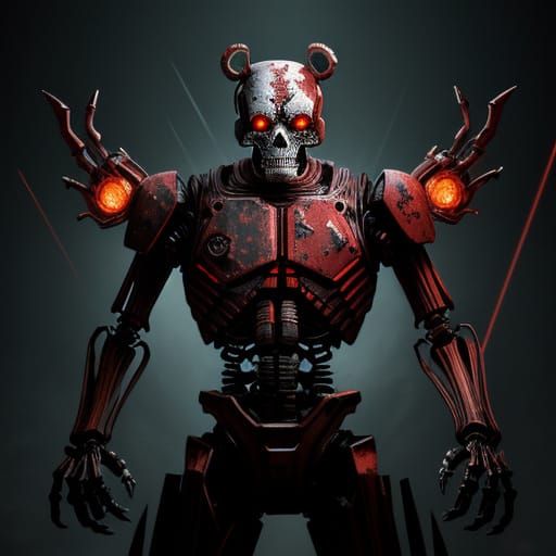 Surreal Freddy Fazbear Robot Skeleton in Dark Industrial Set...