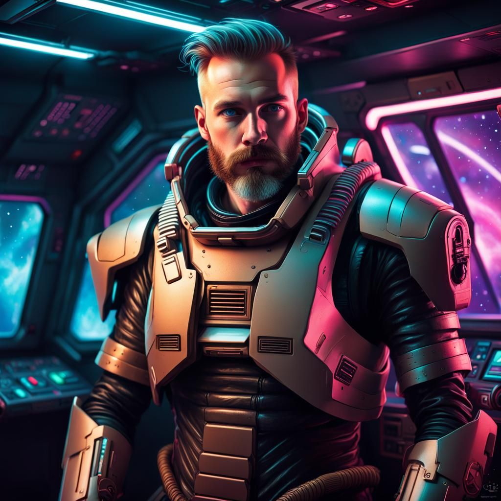 Cyberpunk Space Warrior with Laser Gun in Spacecraft