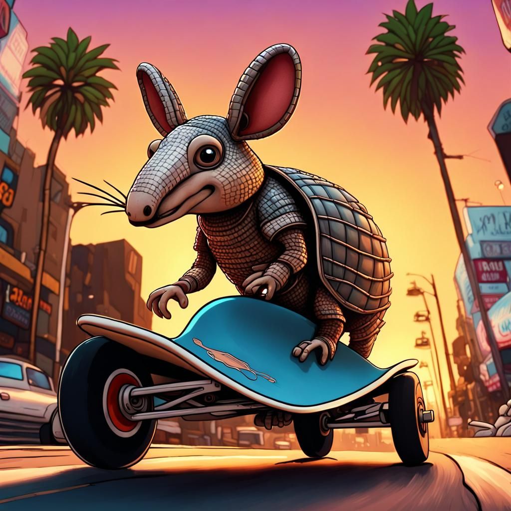Armadillo skateboarding down The Sunset Strip.