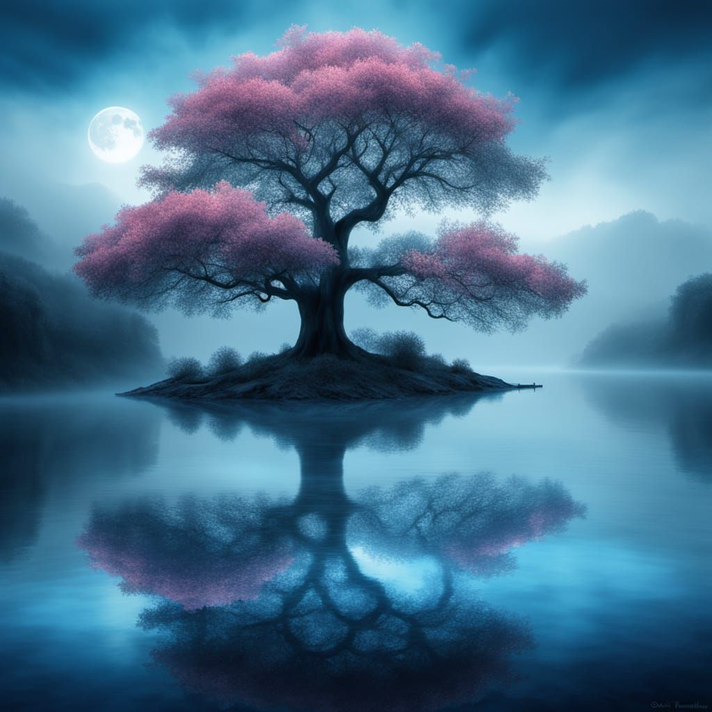 Impressionist Tree Standing Tall in a Misty Rosy Dawn Landsc...