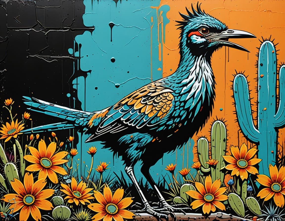 Graffiti Roadrunner Battles Rattlesnake in Vibrant Cactus La...