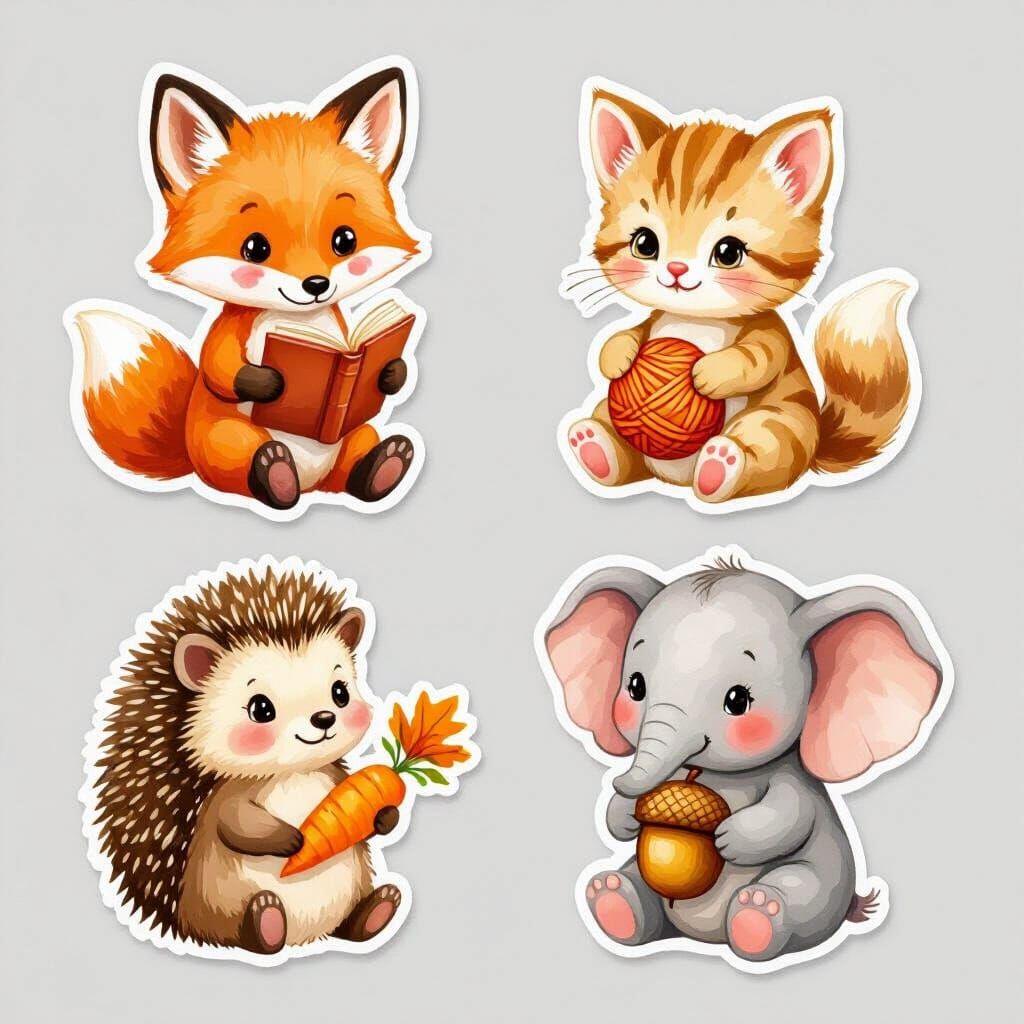 Cute Baby Animals Sticker Pack in Watercolor Style