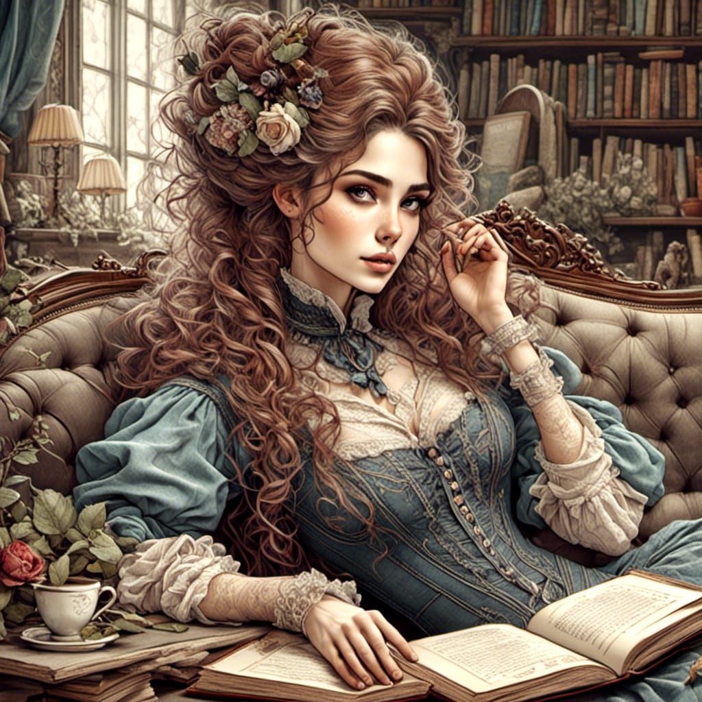 Victorian Woman Lounging in Library as Chalk Art