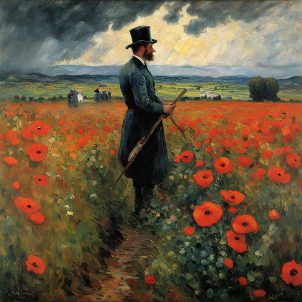 Stormy Poppy Landscape in Expressive Impasto Style