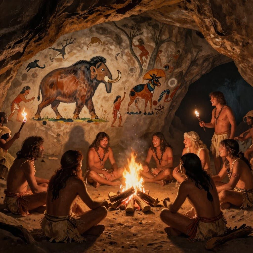 Prehistoric Cave Painting of Tribal Life Around Campfire