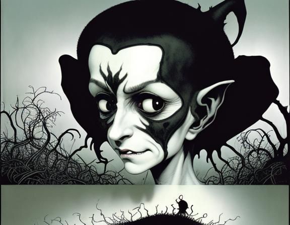 A simple creepy sneaky nightmare creatures made of shadow. Children's book illustration. Hairless with thin slit eyes, p...