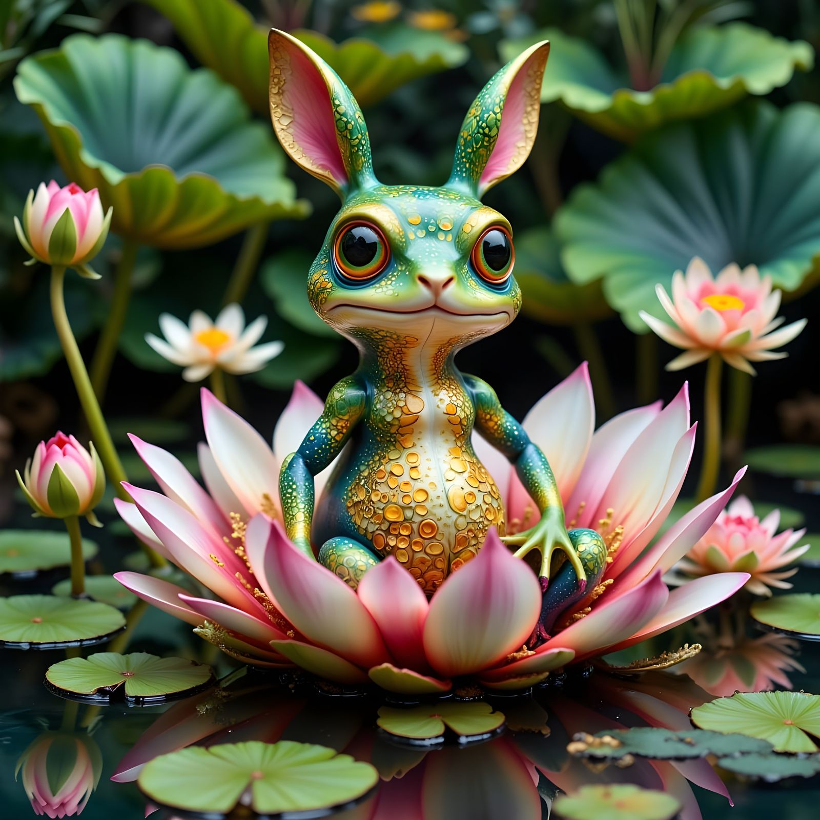 Surreal Hybrid Creature Emerges from Lotus Flower