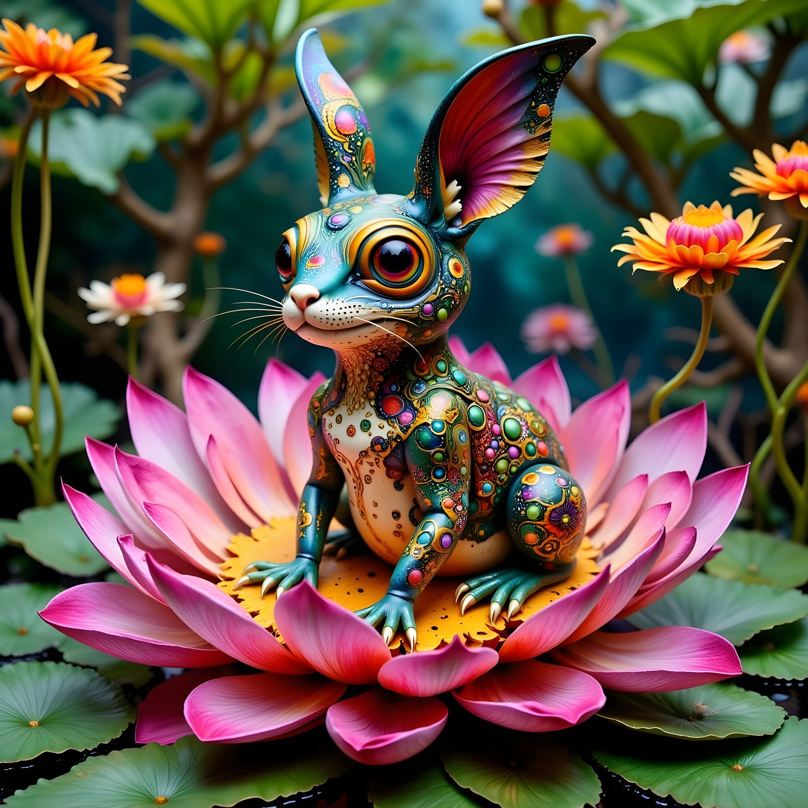 Surreal Bird-Frog-Rabbit Hybrid in Lotus Flower