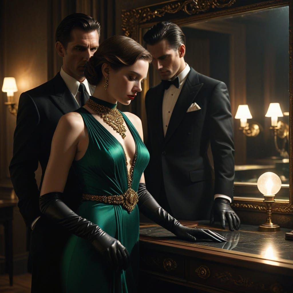 Film Noir Scene: Woman, Man, and Polished Pistol