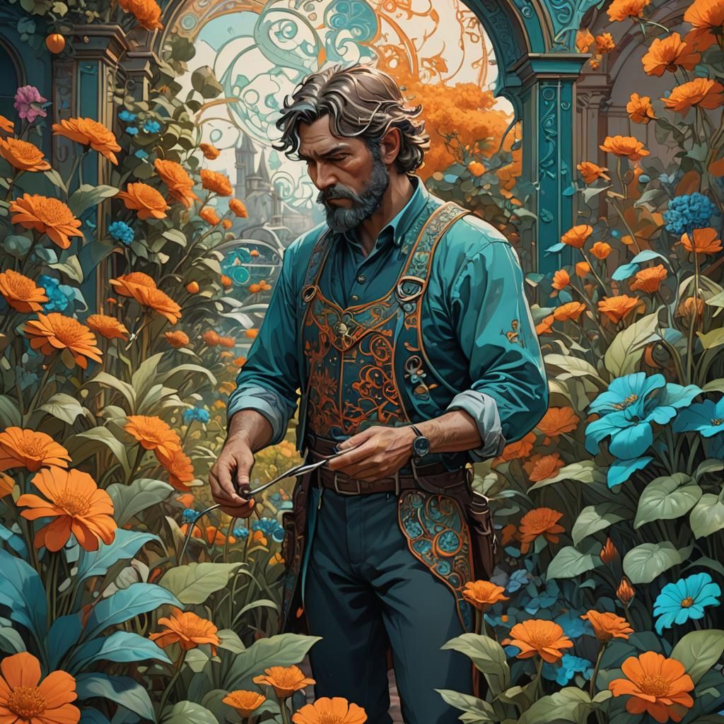 Man Outlining Garden: Hyperdetailed Concept Art