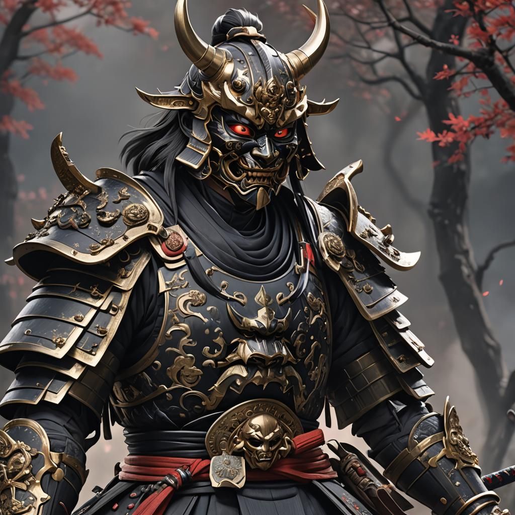 Samurai in Oni Mask: Detailed 3D Anime Art