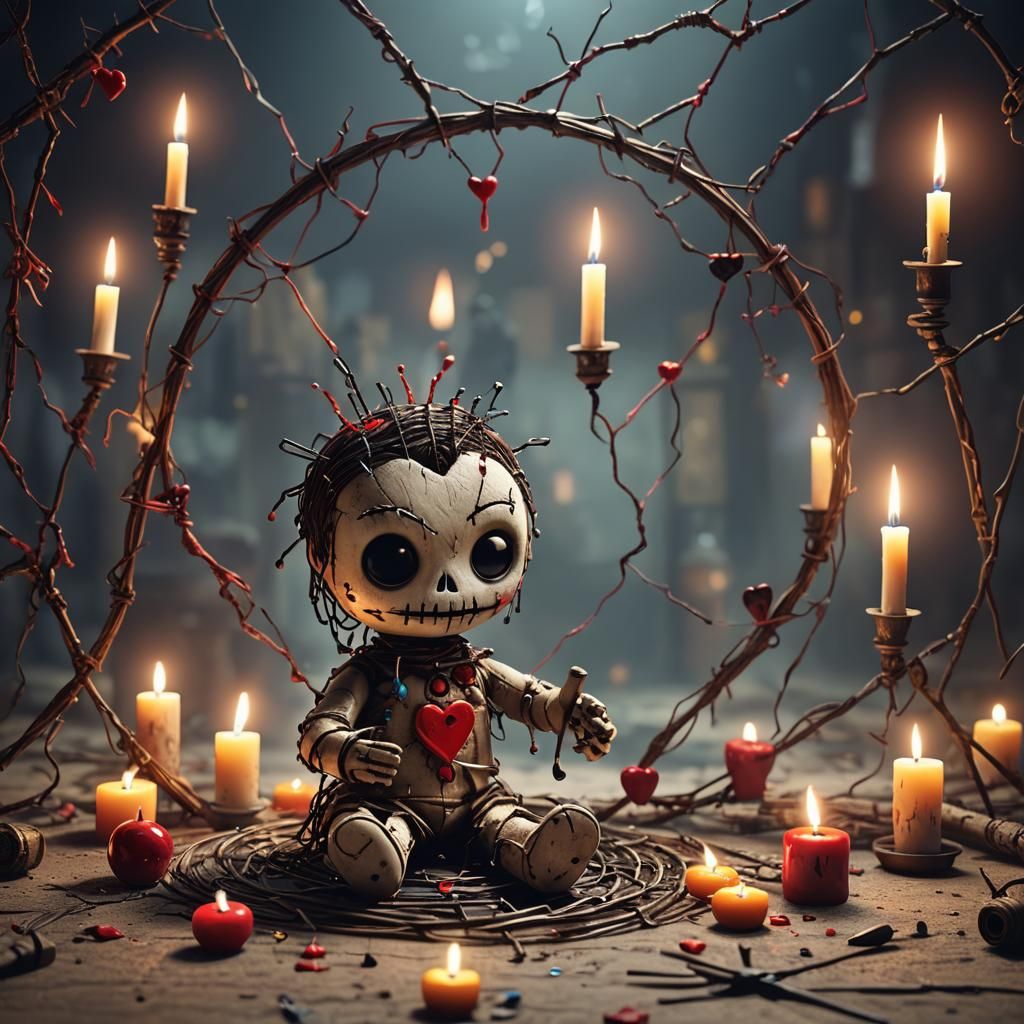 Eerie Voodoo Doll with Pins and Candles