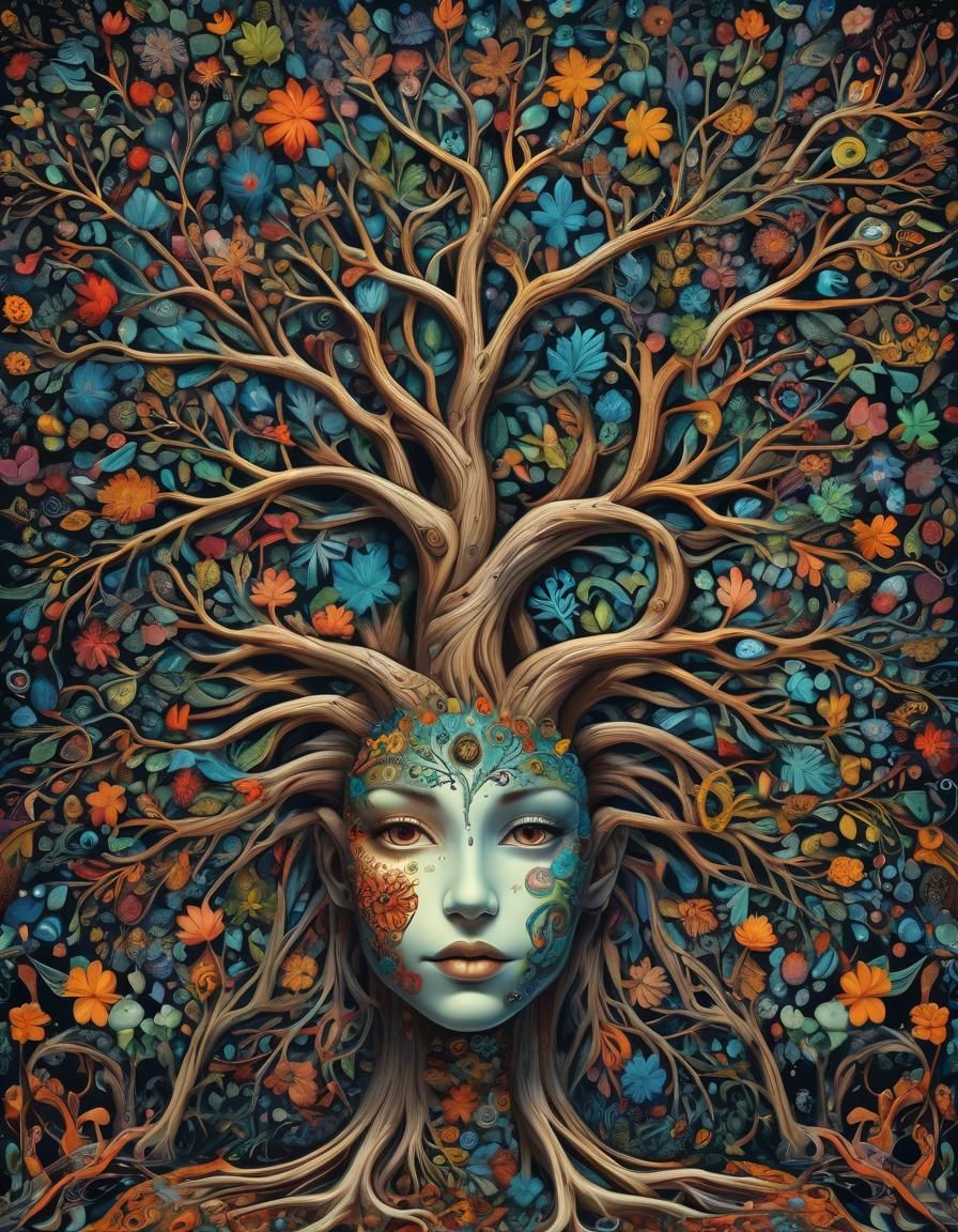 Vibrant Neurographic Head Tree Art