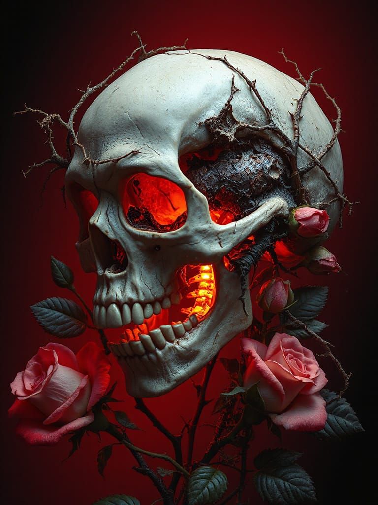 Golden Skull with Roses in Mystical Style