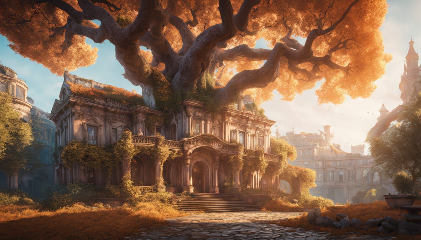 A Protective Italian Villa Enveloped by a Majestic Tree in a...