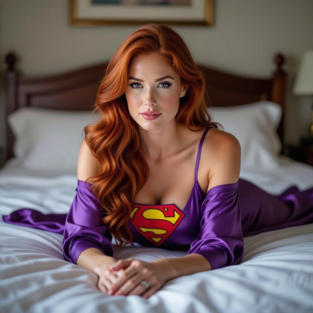 Red Haired Woman in Purple Superman Nightgown on Bed
