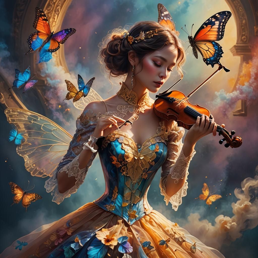 Butterfly on Violin: Surreal Dreamlike Concept Art
