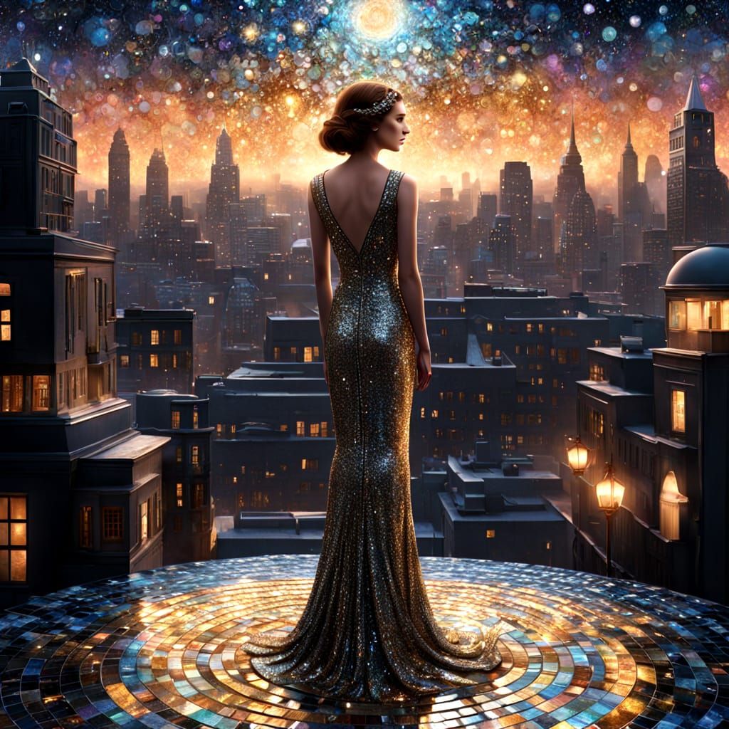 Woman Overlooking Art Deco City in Ethereal Cosmic Style